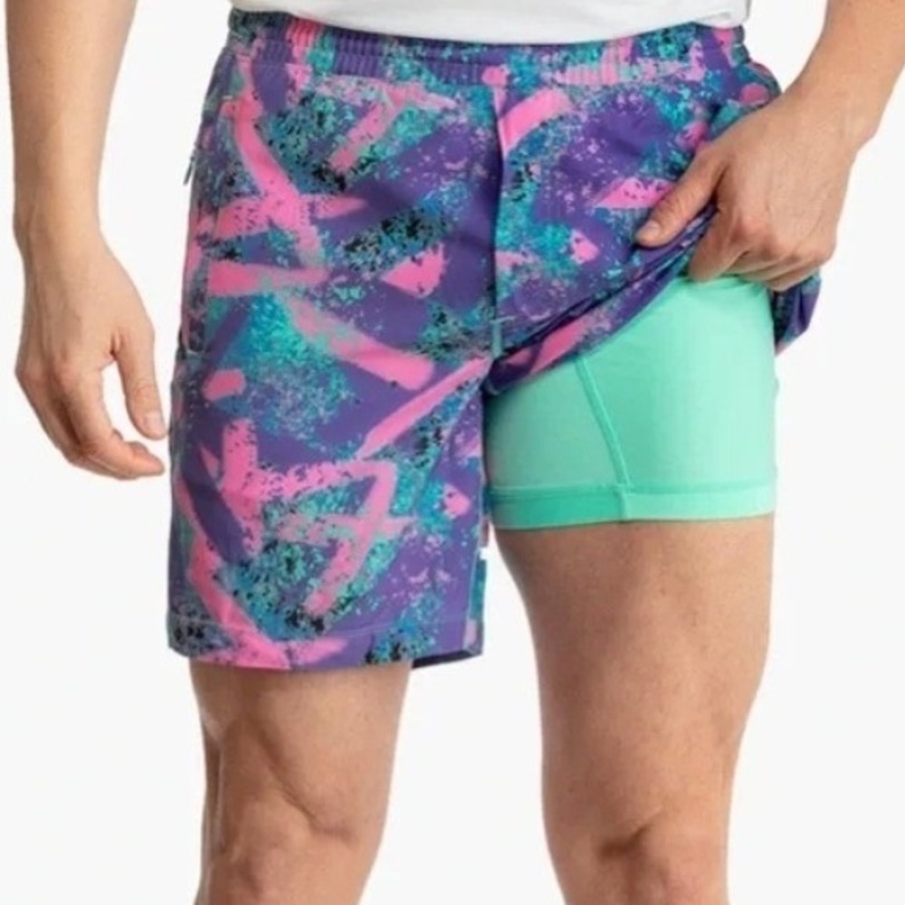 Birddogs Mens XXL Lined Gym Shorts Neon Smear Abstract 90s Print Athletic